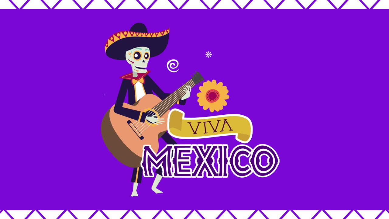 animazione viva mexico con skull mariachi che suona la chitarra