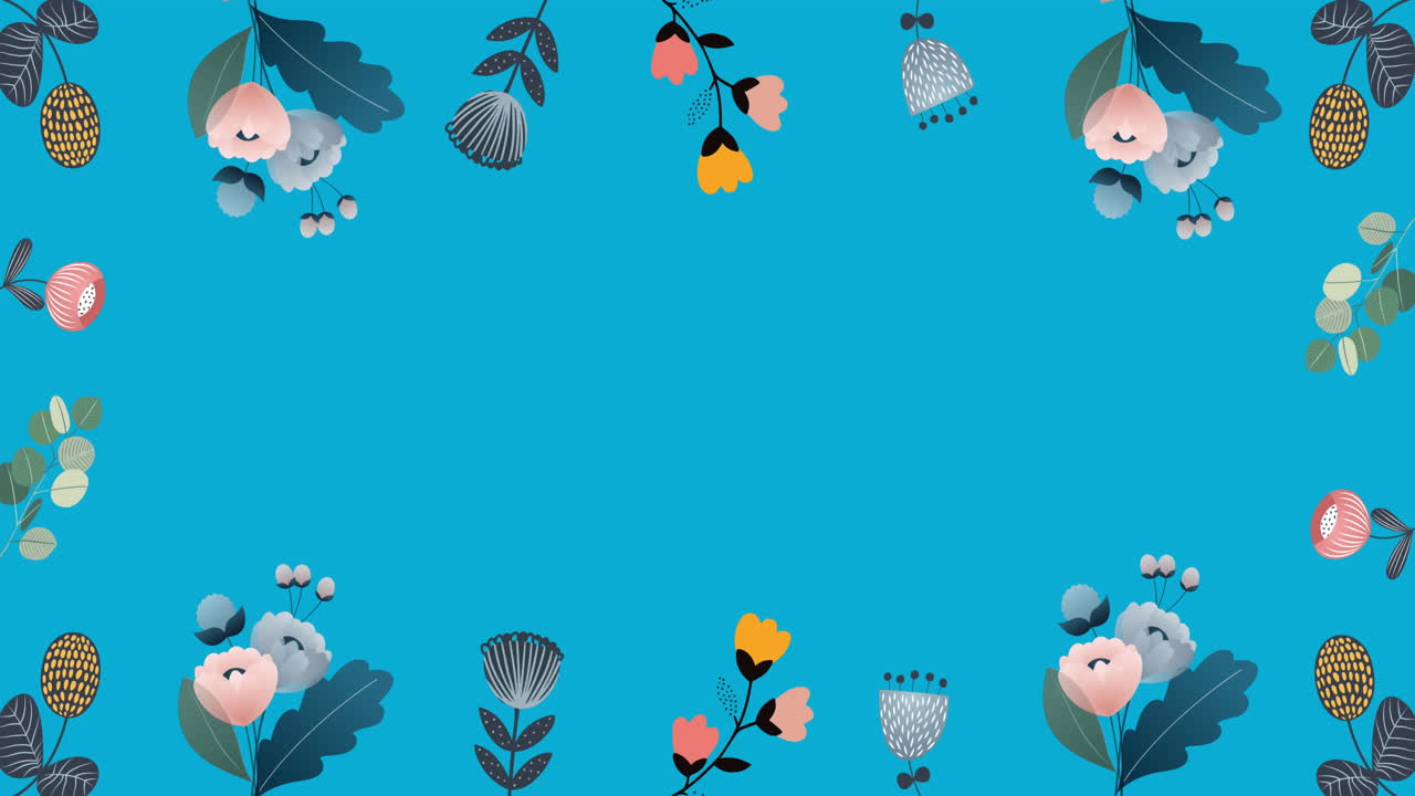Animation of flowers moving in hypnotic motion with copy space on blue background