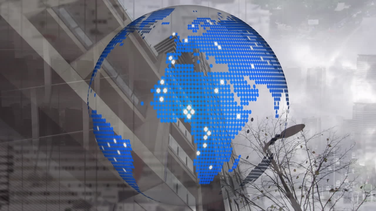 анимация синих крестов и линий на глобусе над офисным зданием