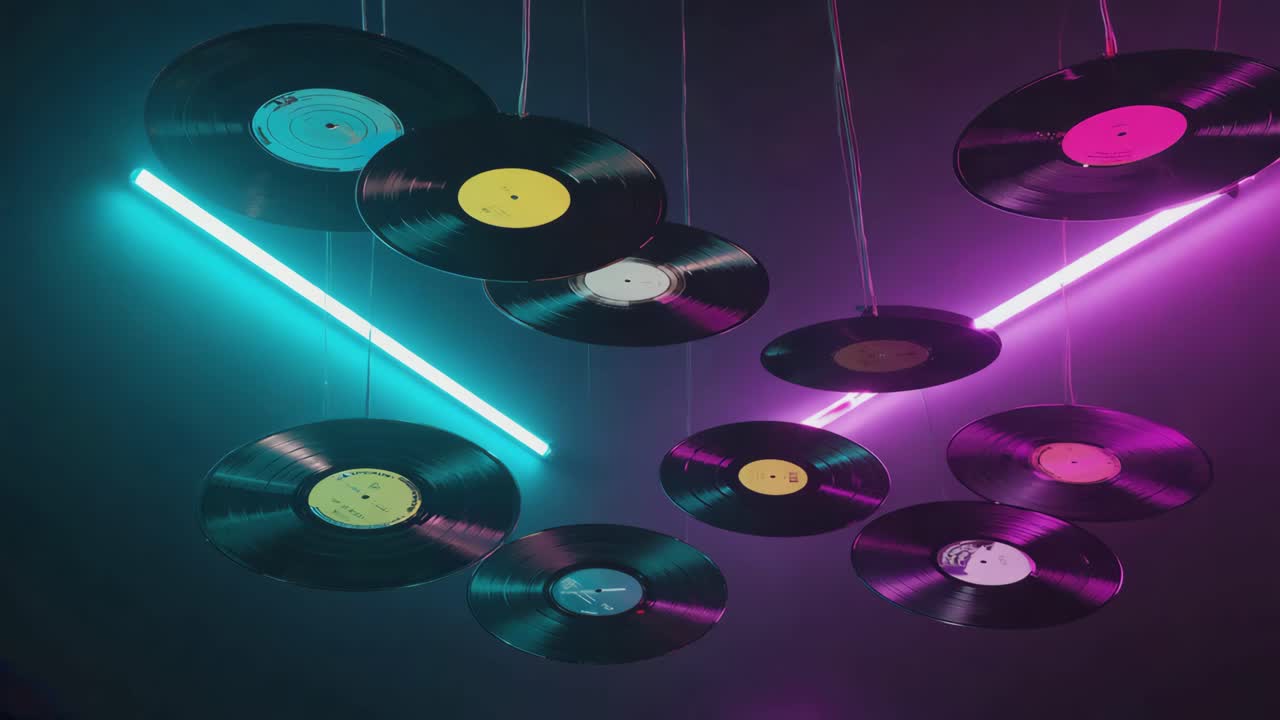 Vinyl Records with Neon Lights