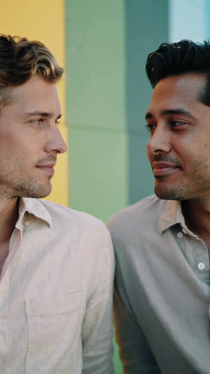 Vertical video: Gazing, two men sharing smiles, connecting at painted wall panels, button-up shirts