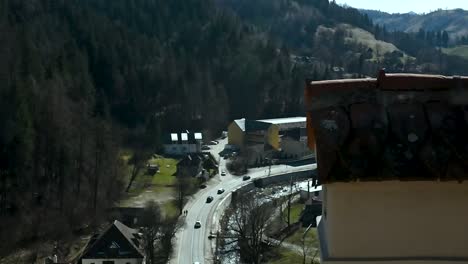 Looking-down-towards-the-traffic-from-Bran-Castle-,-Romania,-Europe