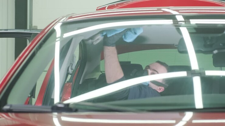 Professional car cleaning. Сar wash. Interior detailing. Dry clean and detail a car interior. Deep seats cleaning. Wiping foam in car wash. Cleaning the car panel from dust. A vacuum cleaner