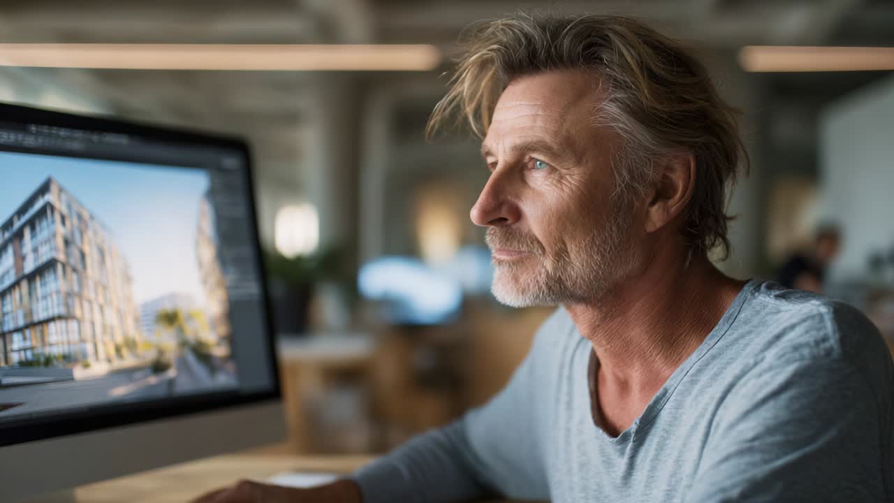 A thoughtful man intensely examining an architectural design project on his computer screen, immersed in creativity and innovation within a modern workspace environment, showcasing his dedication to his craft