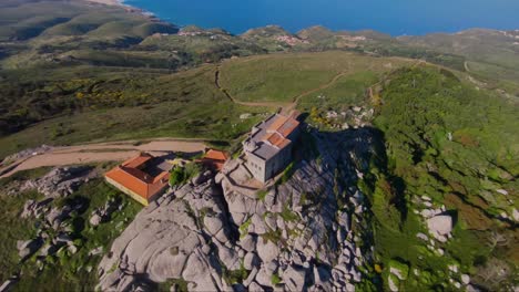 Aerial-View-High-Fog-Near-Santuario-da-Peninha,-Sintra-Portugal