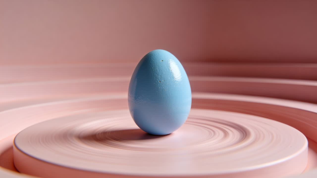 Starting rotation, pale-pink turntable creating ripples on studio set, showcasing pastel-blue egg