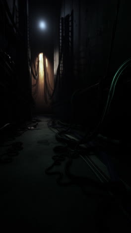 corredor oscuro y sucio con cables y alambres
