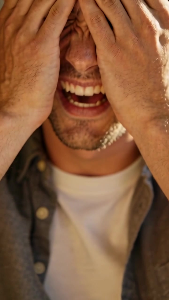 Video verticale: Uomo sorridente che si copre gli occhi con le mani ridendo in una stanza, mostrando una catena e una camicia.