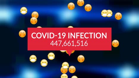 Covid-19-infection-text-with-increasing-cases-and-face-emojis-falling-against-blue-spots-of-light