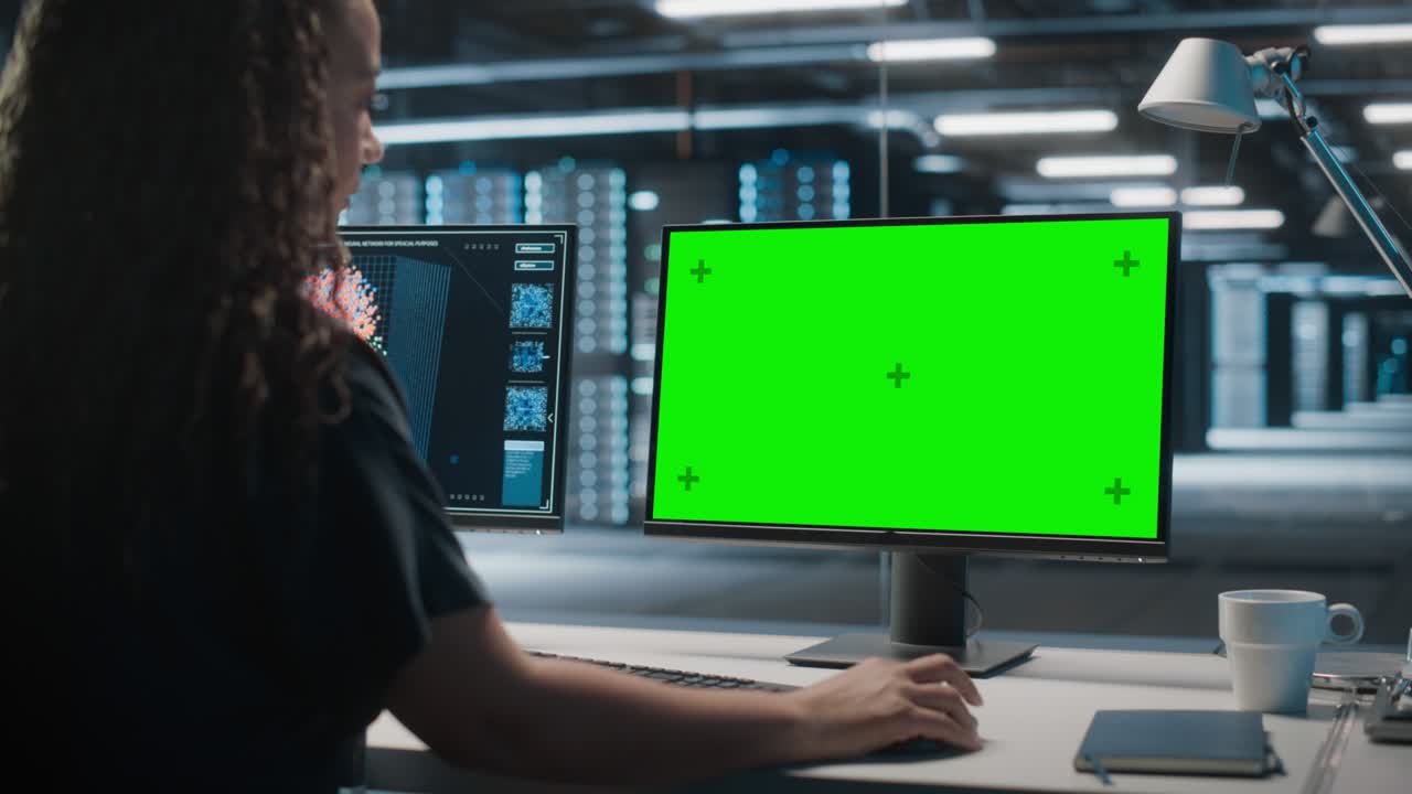 servidor de centro de datos de alta tecnología: mujer negra especialista en ti que trabaja en pantalla verde computadora de clave cromática. monitoreo de servicios web, computación en la nube, instalación de análisis, mantenimiento de seguridad cibernética
