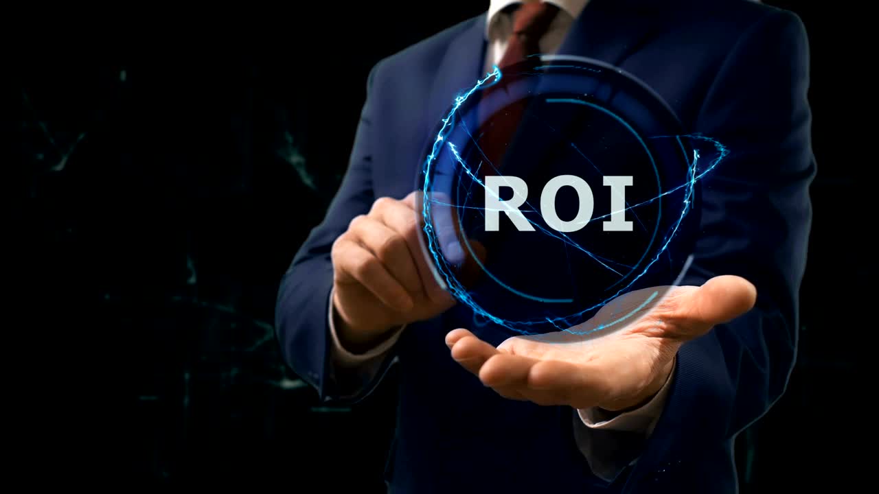 Businessman shows concept hologram ROI of internet on his hand