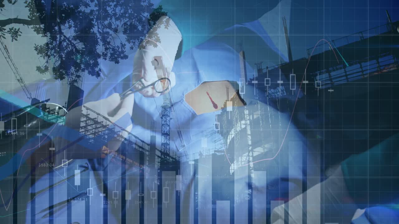 수술실의 외과 의사들에 대한 디지털 데이터 처리의 애니메이션