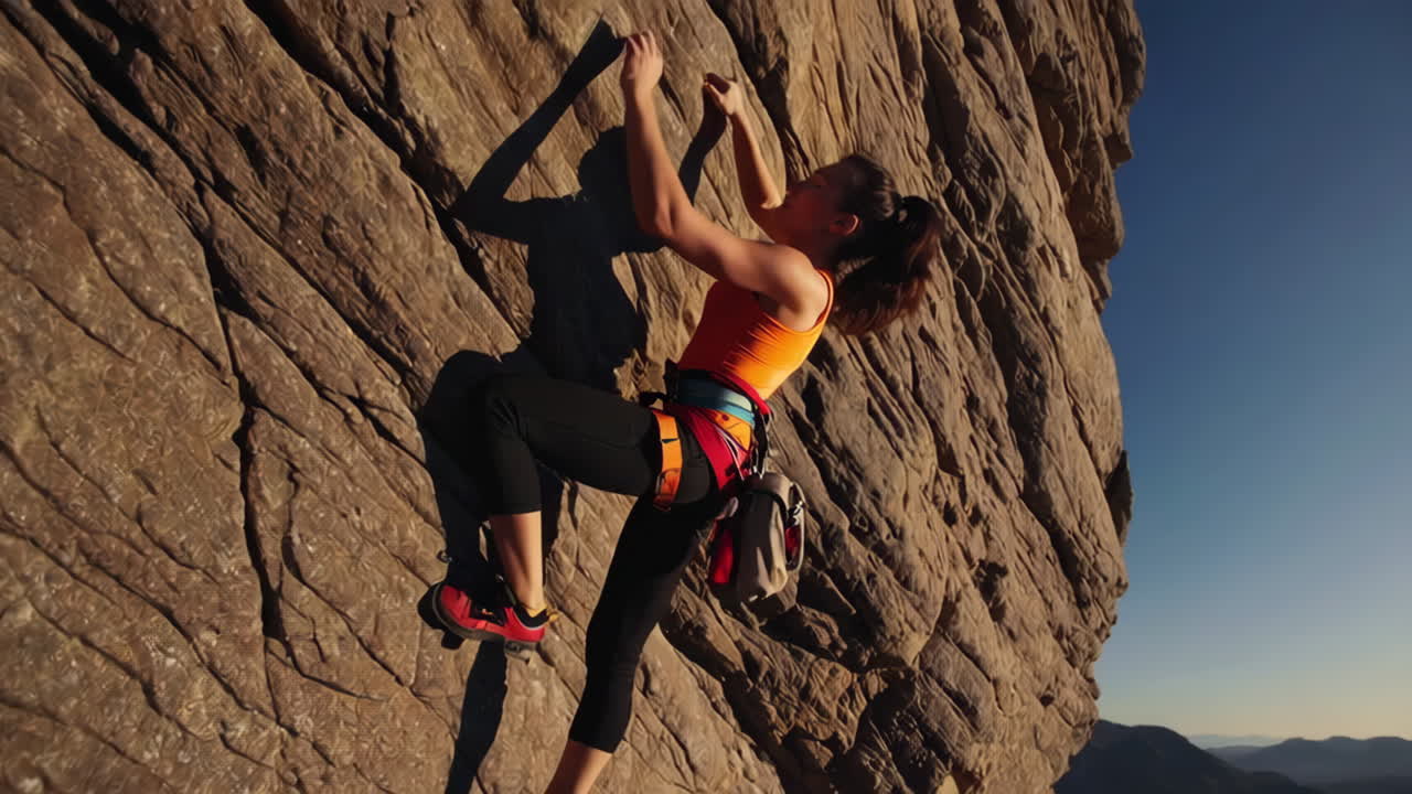 Female Rock Climber Ascending a Steep Cliff