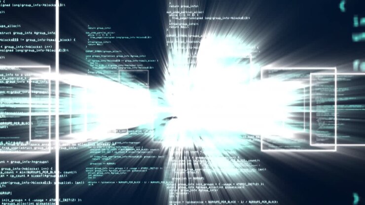 Animation of computer data processing over dark background