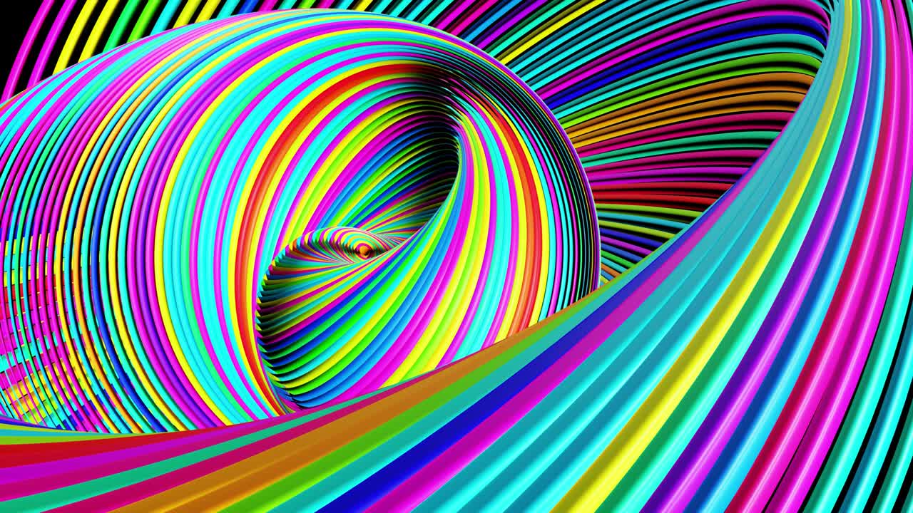 abstract geometric looped bg con anillos forman complejas espirales retorcidas y efectos de luz. los anillos parpadean luces de neón multicolor. bombillas de anillo de neón para espectáculos o eventos, festivales o conciertos, clubes nocturnos vj.