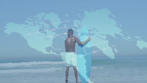 Animation-of-world-map-over-back-view-of-african-american-man-holding-surfboard-on-beach