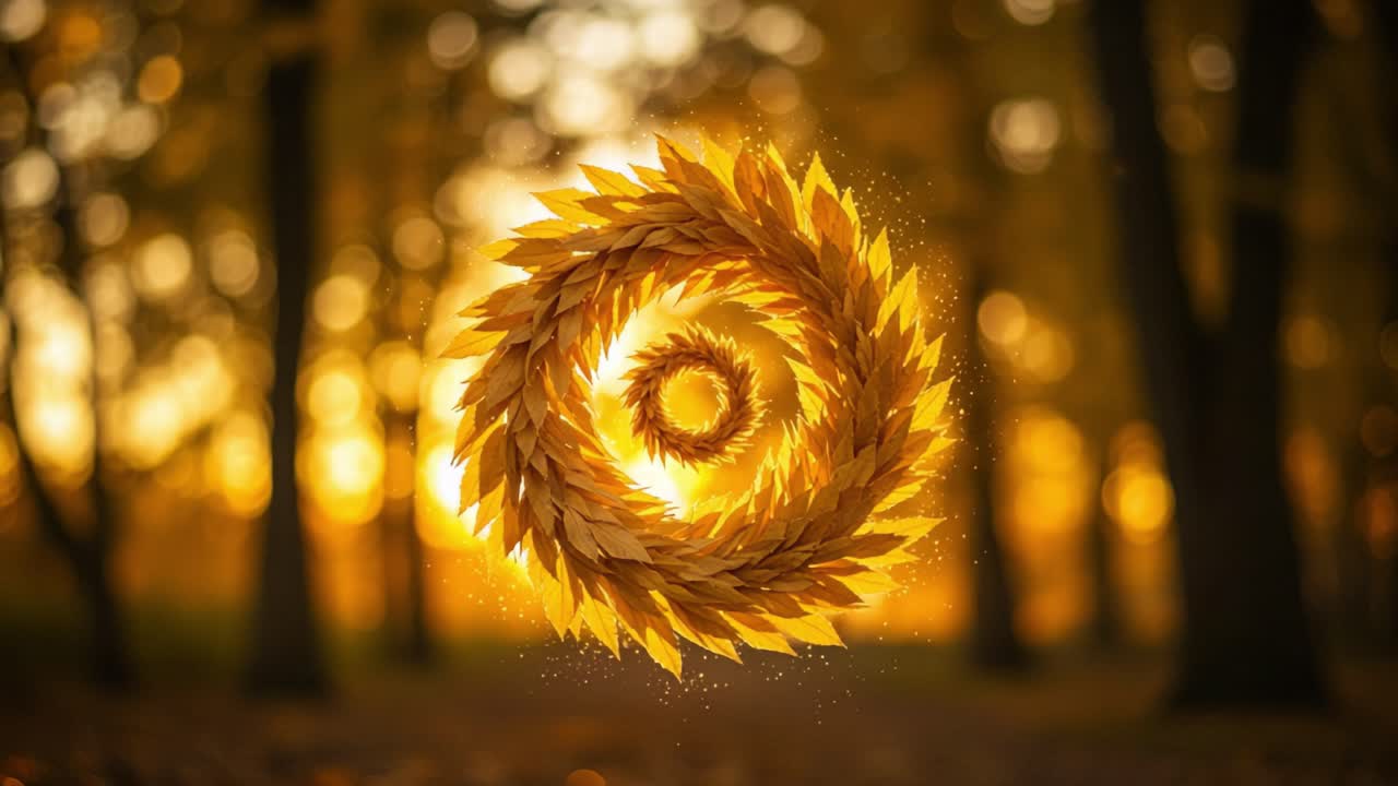 A Magical Autumn Scene Featuring a Spiraling Wreath of Golden Leaves with a Beautiful Sunset as the Background, Creating a Warm and Inviting Atmosphere in Nature