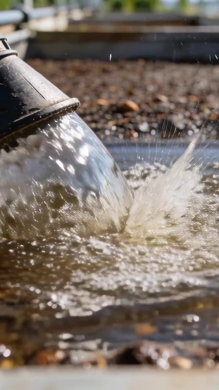 Video verticale: Un beccuccio metallico che versa acqua costante in una pozza poco profonda su ghiaia, creando spruzzi.