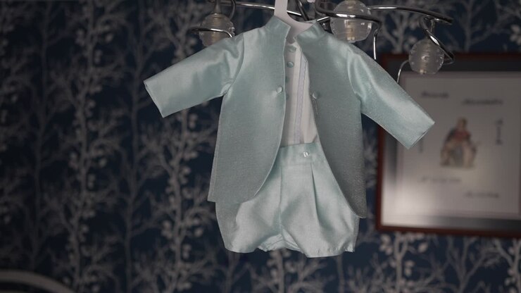 Light blue baby boy suit hanging indoors with classic wallpaper background
