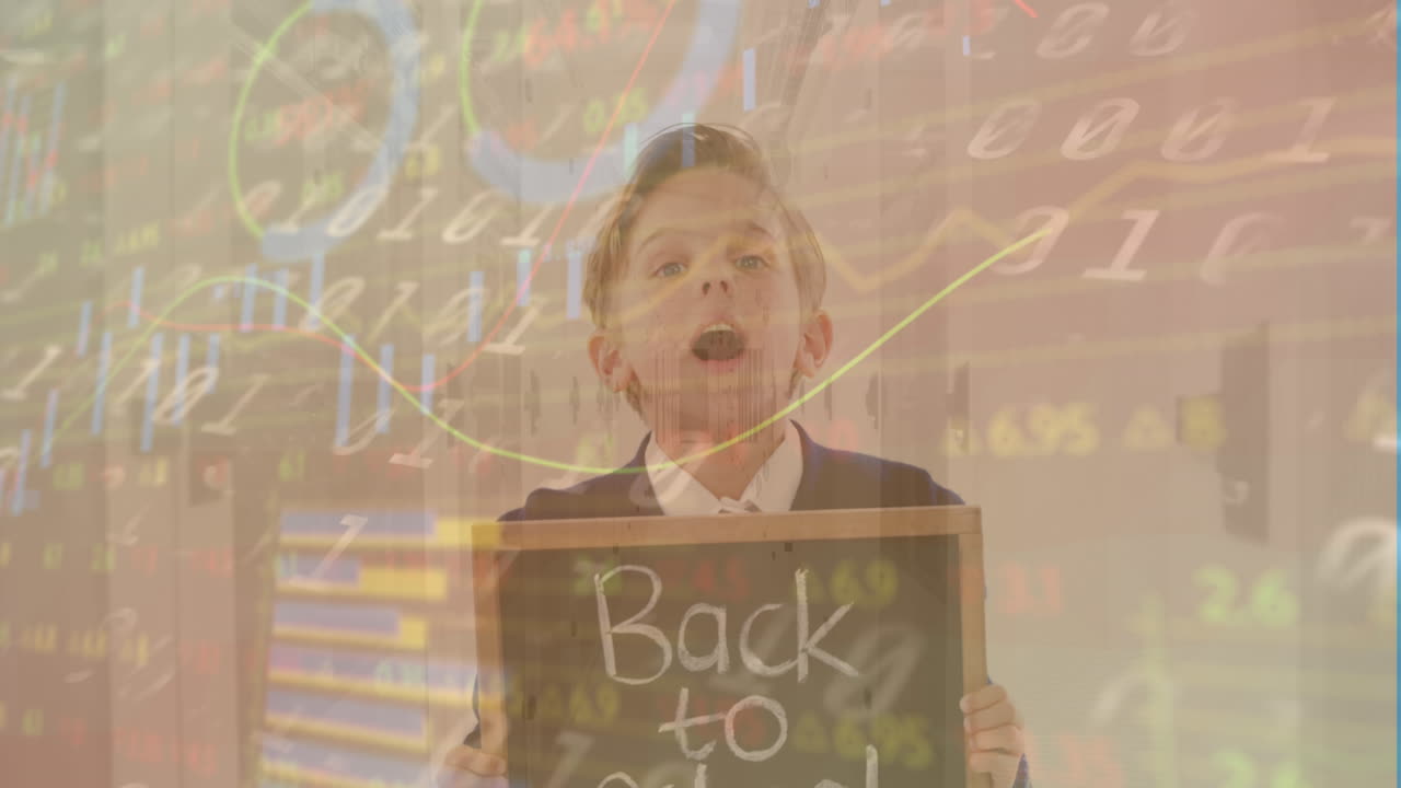 카우카시안 소년에 대한 데이터 처리의 애니메이션과 학교 텍스트