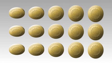 Animation-Von-Reihen-Goldener-NFT-Münzen,-Die-Sich-Auf-Grauem-Hintergrund-Drehen