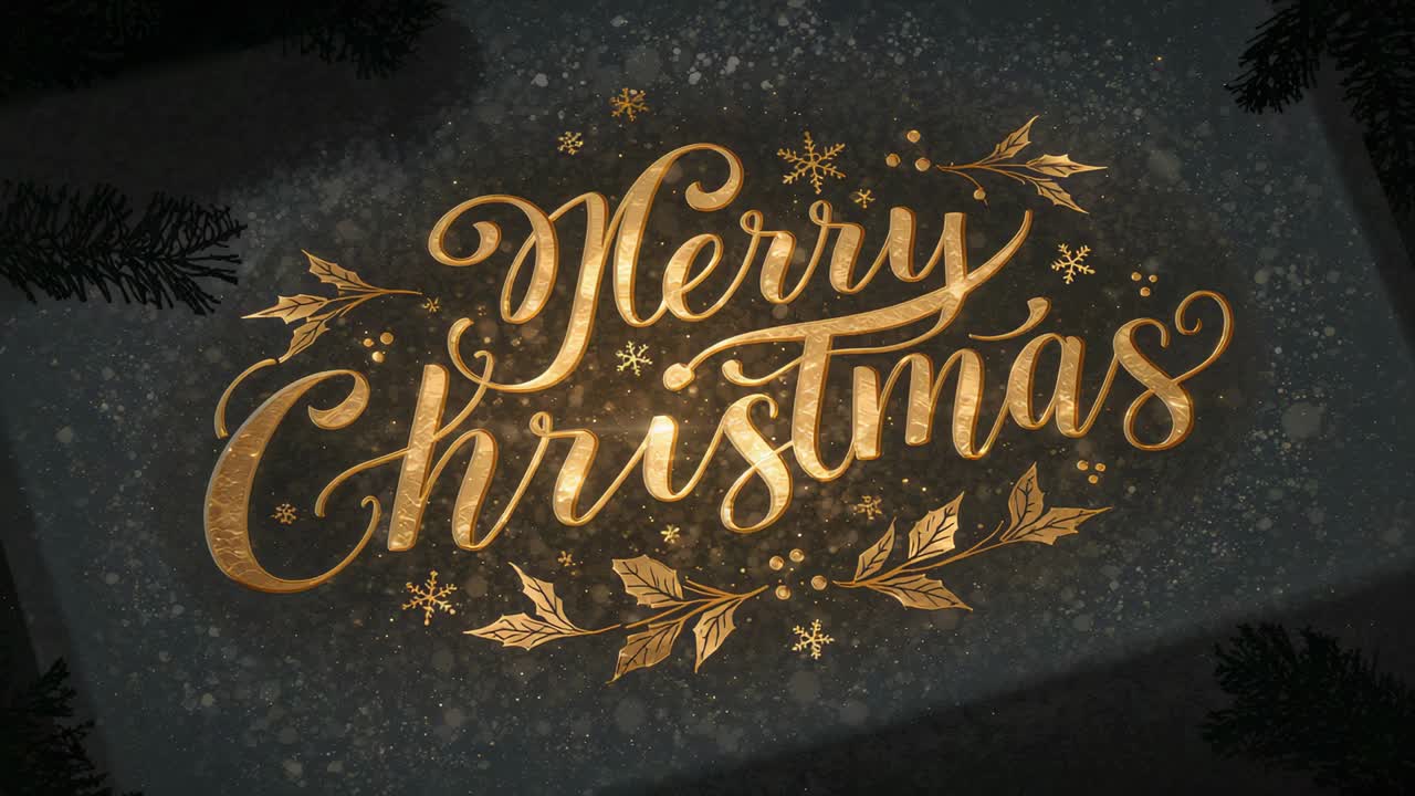 Light sweep starting gold Merry Christmas text shimmering, zooming on dark card, with snowflakes