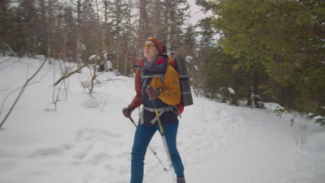 female tourist hiking in nature on winter day