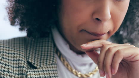 face, hands and woman thinking in a office