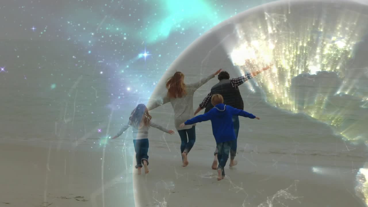 Family of four running to water, playing, globe expanding from right, showing reflections for tech