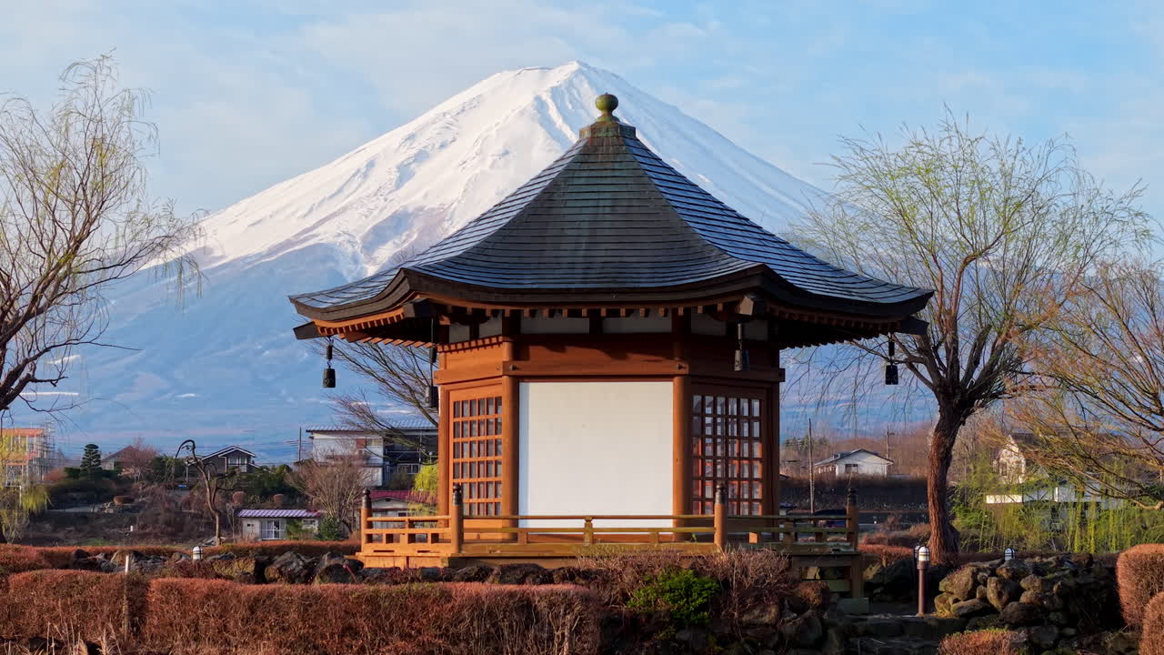 Aerial drone view of a temple with Mount Fuji on the background