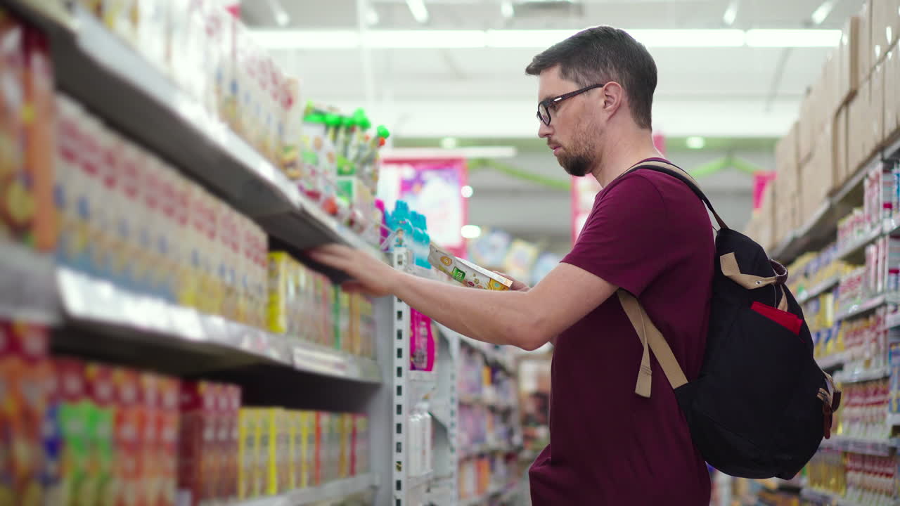 hombre comprando comida para bebés en la tienda de comestibles
