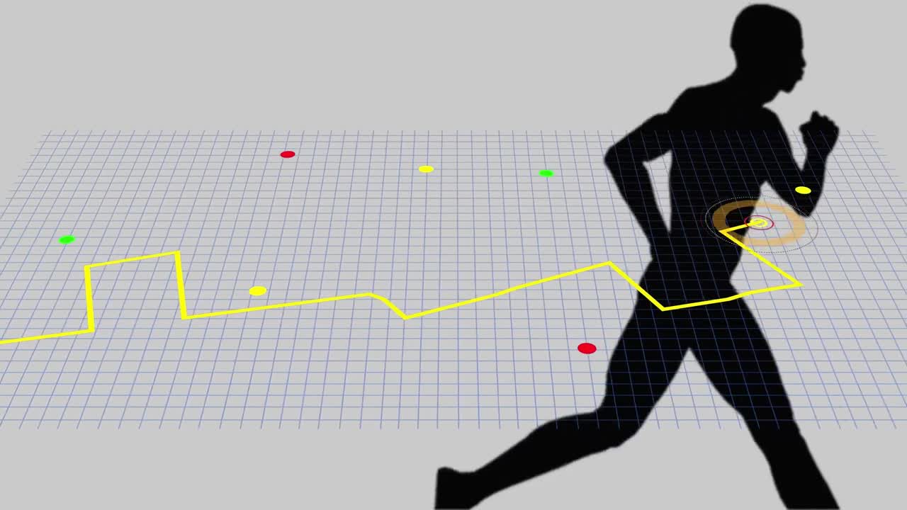 esquema de la línea de navegación del mapa contra la silueta de un hombre en forma corriendo contra un fondo gris