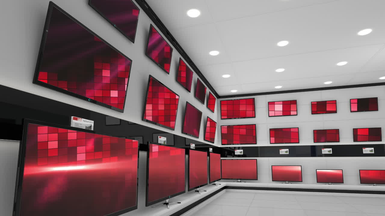 여러 텔레비전의 스크린에서 동기화 된 비디오를 재생 하는 전자 제품 상점의 내부