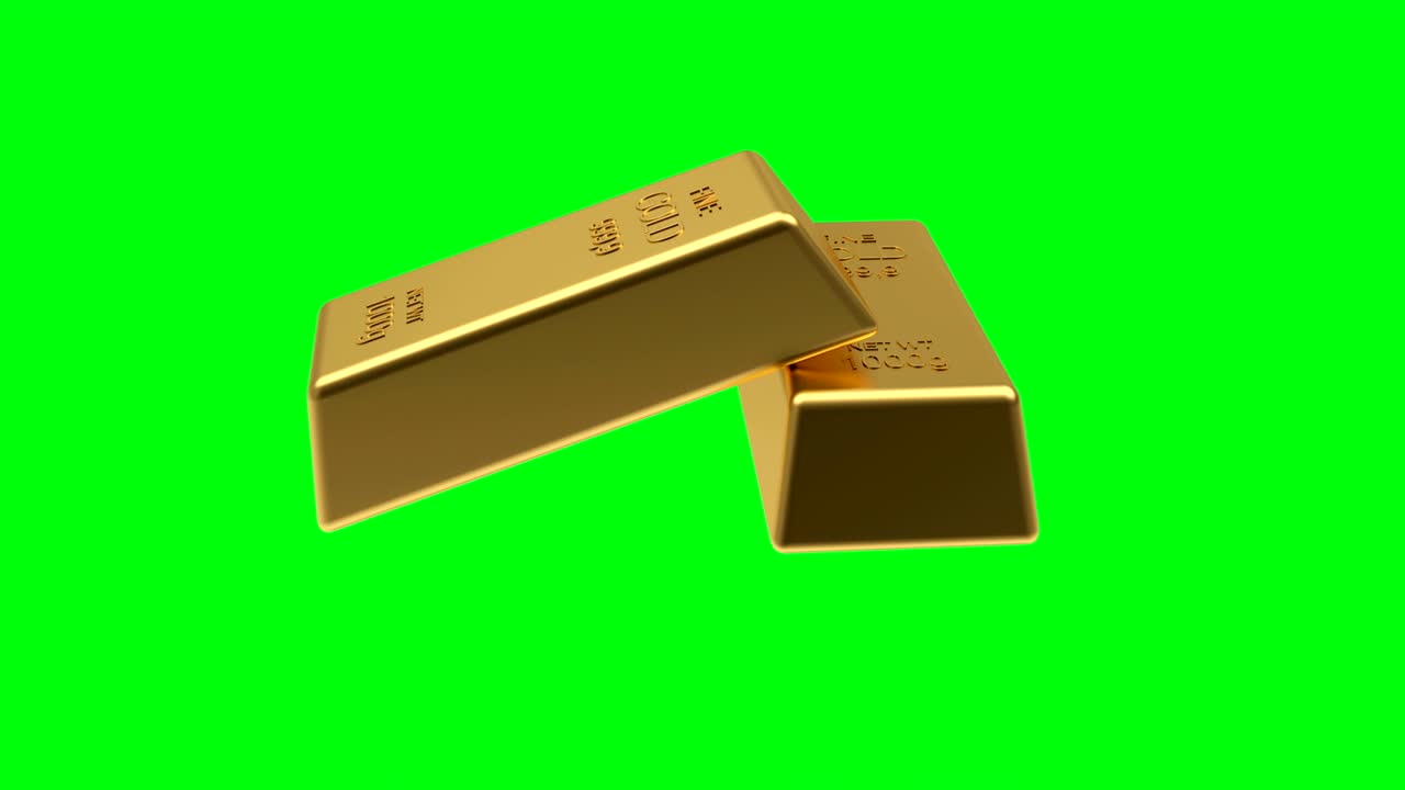 las barras de oro de animación 3d giran en una pantalla verde. 4k
