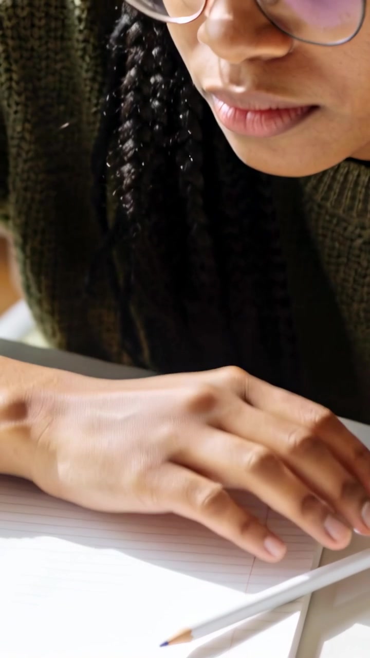 Vertical video: Sunlight falling woman in green sweater moving pencil on lined pad at desk studying