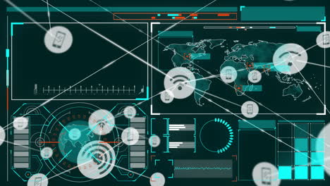 animación de la red de conexiones con iconos y procesamiento de datos a través de pantallas