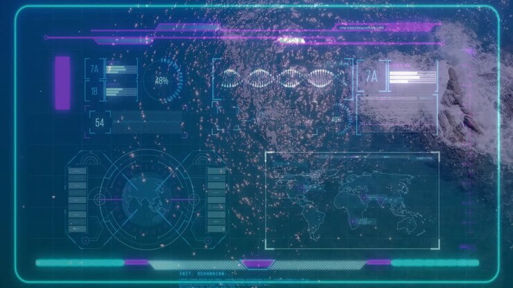 Antarmuka HUD fiksi ilmiah futuristik menampilkan overlay neon cyan magenta dengan grafik pengukur globe radar