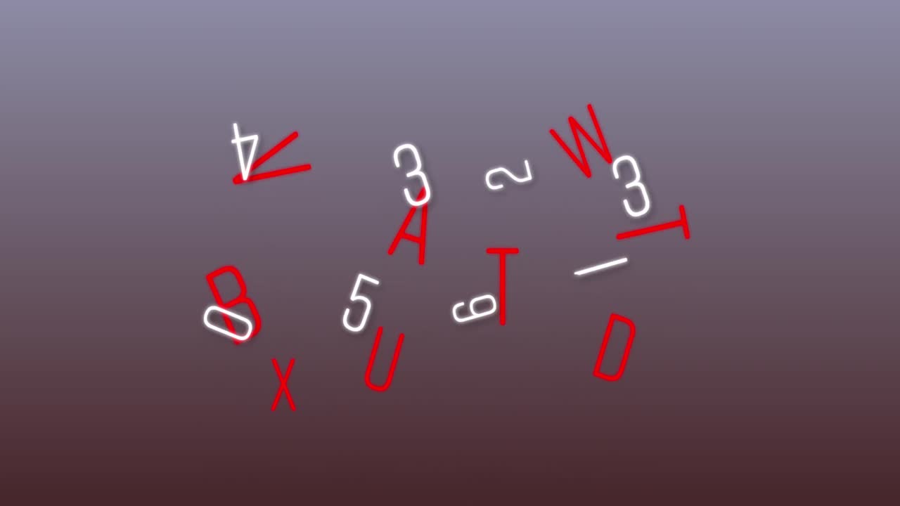 Neon random numbers and alphabets moving and changing against gradient red and grey background
