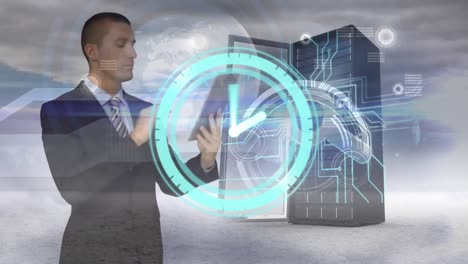 Animation-of-caucasian-businessman-using-tablet,-clock-and-server-over-clouds