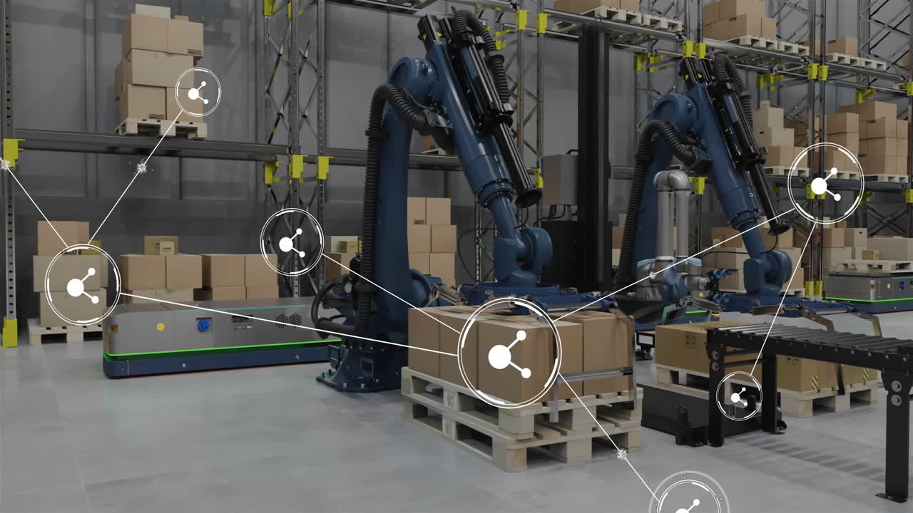 창고에서 일하는 기계에 대한 아이콘으로 연결 네트워크의 애니메이션