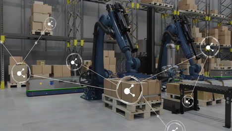 animation of network of connections with icons over machines working in warehouse