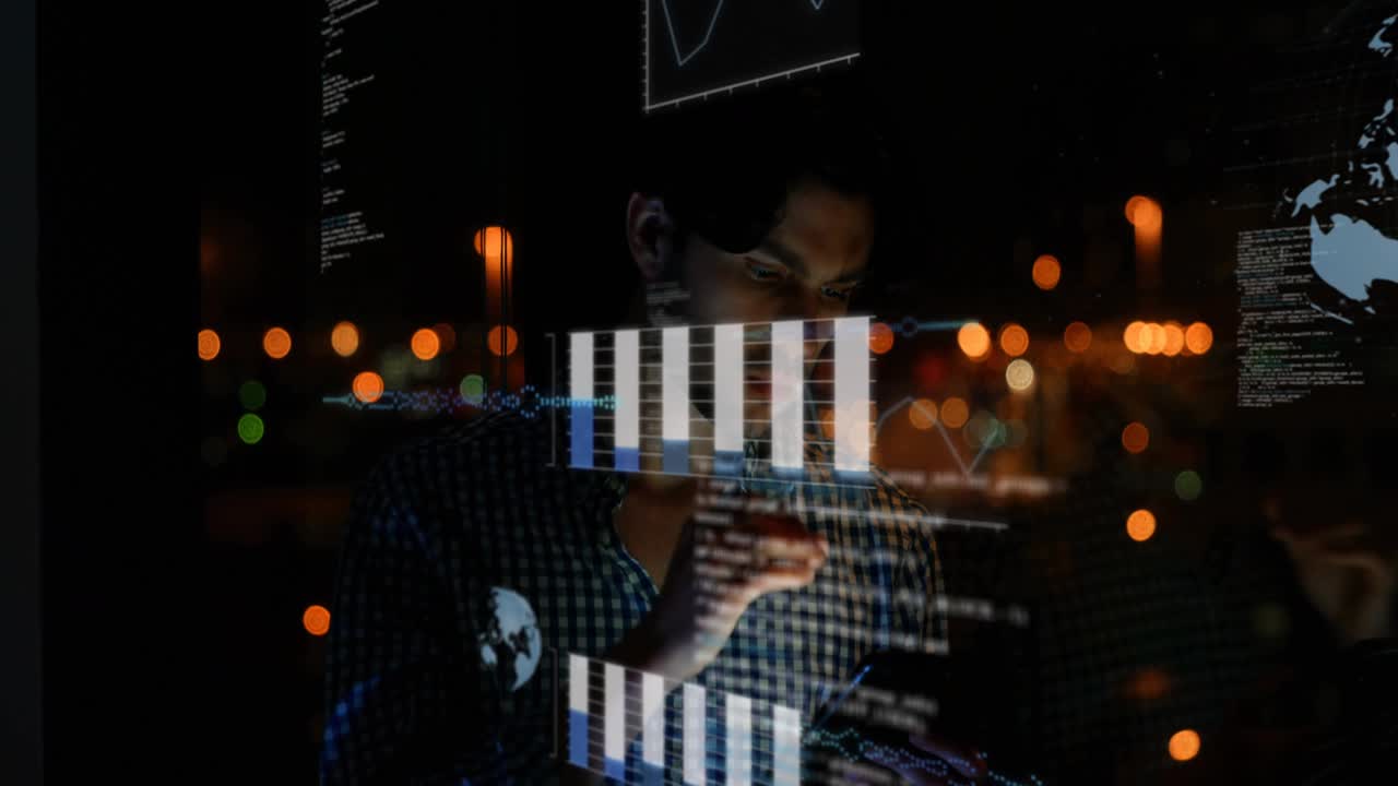 IT pro tapping tablet screen and analyzing data with bar charts, globe, line graph, scrolling code