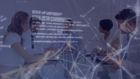 animation of financial data processing over business people in office