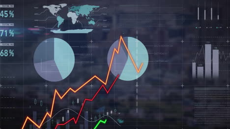 animation of financial data processing over cityscape