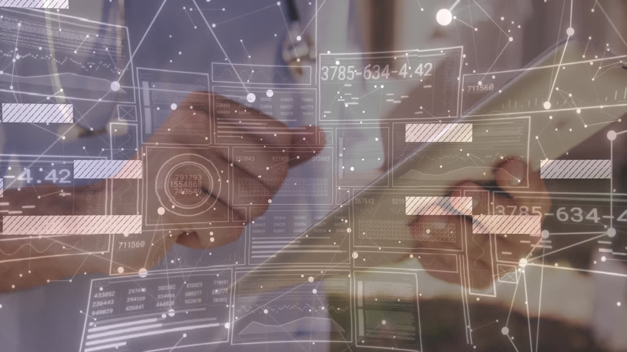 Technology analyst tapping tablet screen in office, overlaying floating data charts numbers nodes