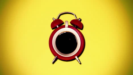 A-cup-of-hot-coffee-inside-a-red-alarm-clock,-over-a-yellow-background,-with-a-heavy-vignette