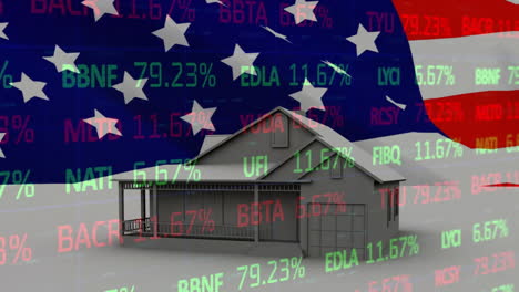 animación de la bandera de los ee.uu. y el mercado de valores sobre la casa