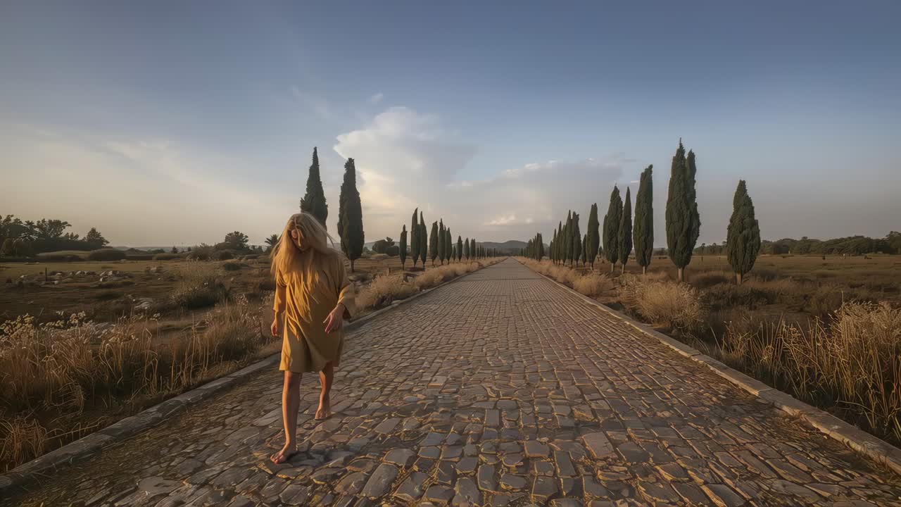Turning back barefoot woman in mustard dress walking toward lens on cobblestone lane, cypress trees