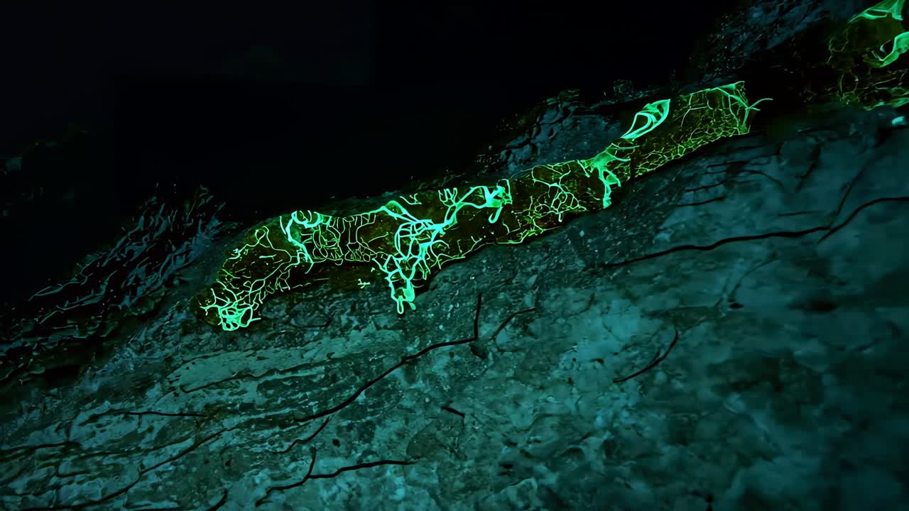 Brightening neon-green filaments revealing branching loops on rocky overhang as camera moving right