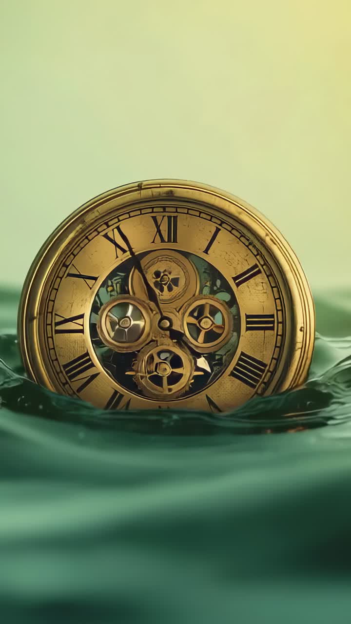 Vertical video: Rippling green-hued water rocking gold pocket watch, displaying internal gears